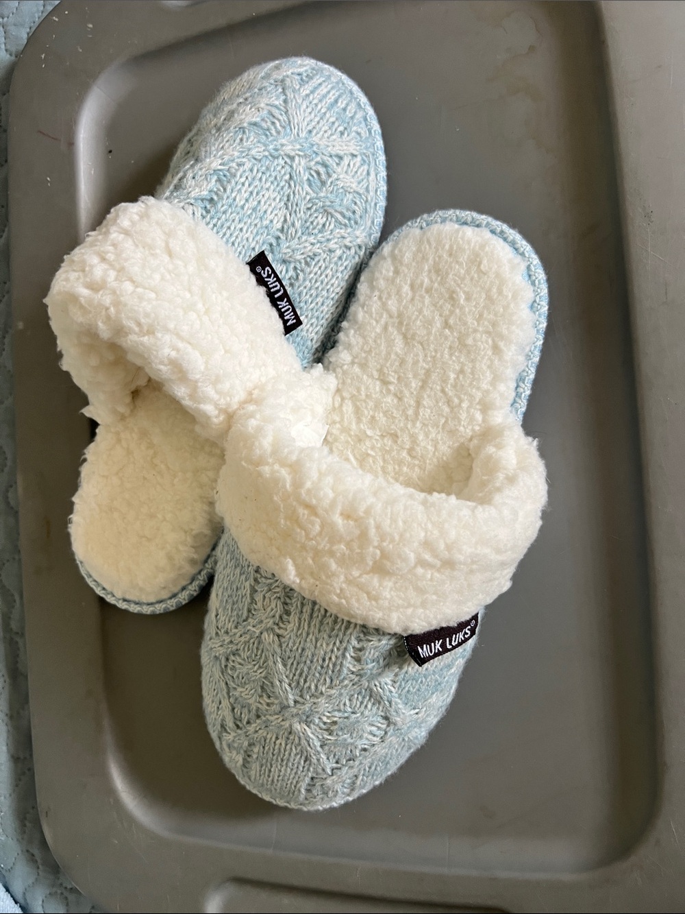 Muk Luks Light Blue Knit Clog Slippers with Cream Sherpa Lining